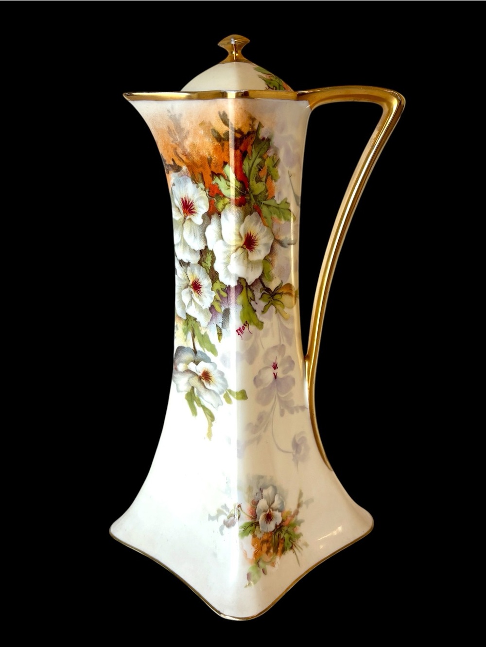 A Lanternier Limoges France Hand Painted Chocolate Coffee Tea Pot Floral Signed